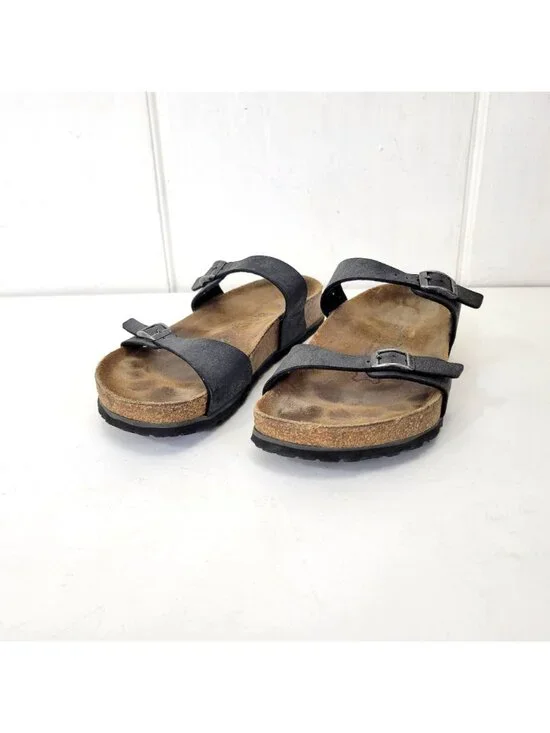 Birkis Birkenstock Women's Black Double-Strap Sandals With Contoured Cork Footbe - Picture 7 of 8